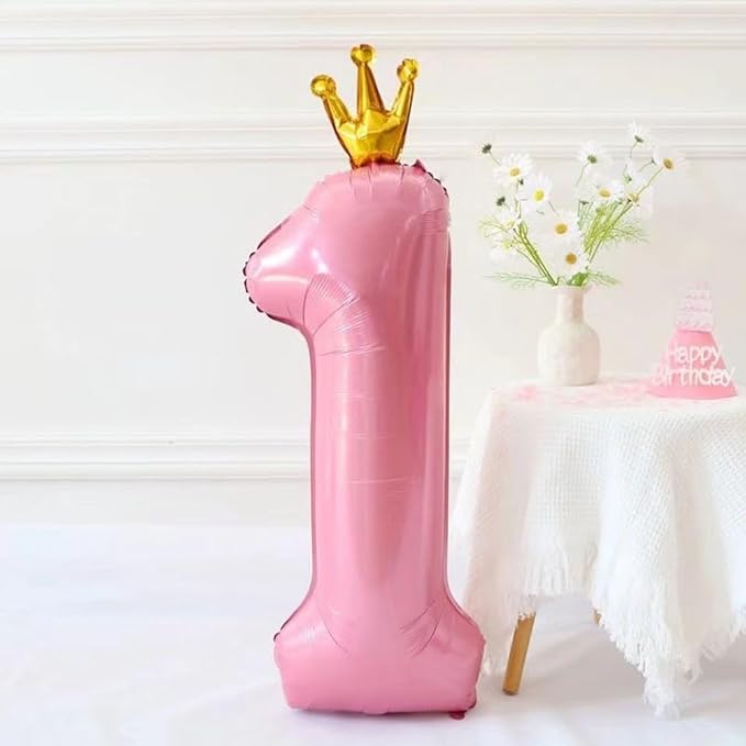 40 inch Pink Number 1 Balloon with Crown, Pink Crown Balloons 0-9 for 1st Birthday Party Anniversary Decorations Supplies