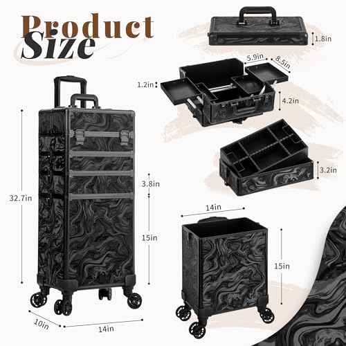 Profesional Rolling Makeup Train Case with Lid, 5 in 1 Cosmetology Case on Wheels, Large Cosmetic Trolley Organizer Travel for Hairstylist Artist Nail Beauty Salon Barber, Black Ink