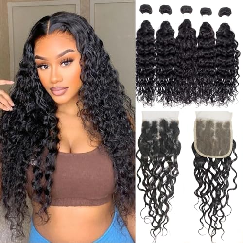 Brazilian Water Wave with Lace Closure - Wet and Wavy Hair, Deep Curly Human Hair 5 Bundles (50g/bundle) with 4x4 Lace Closure (16/16/16/16/16+16")