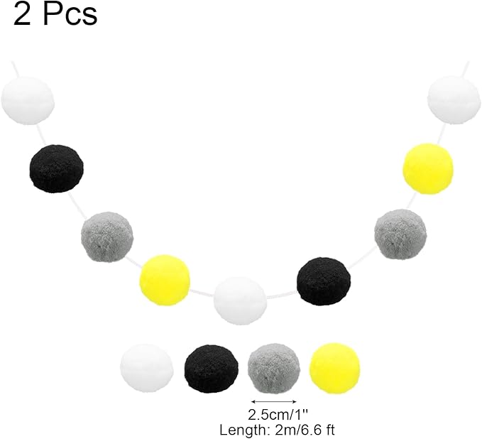 uxcell 2pcs Pom Pom Garland 6.6 Ft 30 Balls Colorful Felt Ball Garland for Wall Christmas Tree Decor Birthday Banner Easter Party Decorations, White, Black, Grey, Yellow