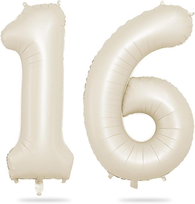 Biapian 40 Inch Cream Number 16 Balloon, 16th Birthday Balloons, Big Digital 16 or 61 Beige White Giant 16 Foil Balloon Helium for 61st 16th Birthday Decorations Anniversary Baby Shower Party Supplies