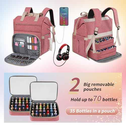 LTINVECK Nail Polish Organizer Case Backpack Holds 70 Bottles (15ml/0.5fl.oz)& Nail Lamp, 2 Layers Detachable Nail Kit Storage Case, Large Travel Nail Supplies Shoulder Bag for Manicure Tools (Pink)