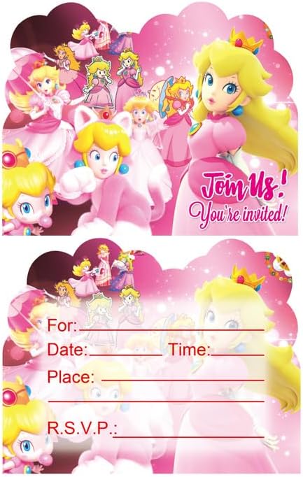 LEOWEST 20pcs Princess Peach Birthday Party Invitations,Princess Peach Invitations Birthday Party Supplies Decoration (Invitations3)