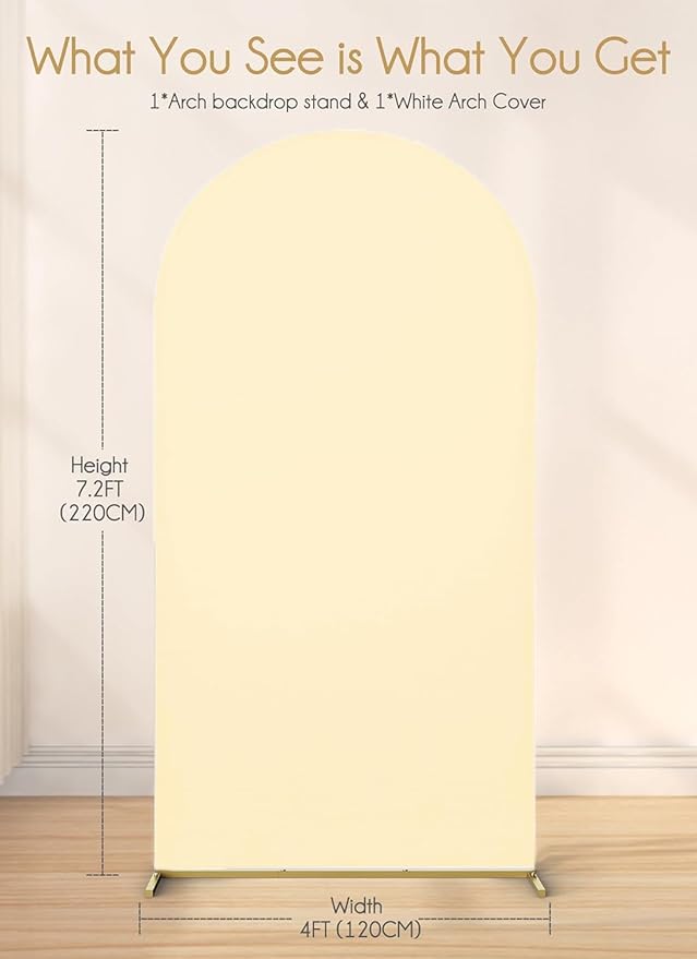 Minetom 7.2FT Metal Backdrop Stand with Wedding Arch Cover Spandex, Balloon Arch Backdrop Stand Square Frame for Birthday Party, Baby Shower, Graduation Ceremony Decoration, Beige