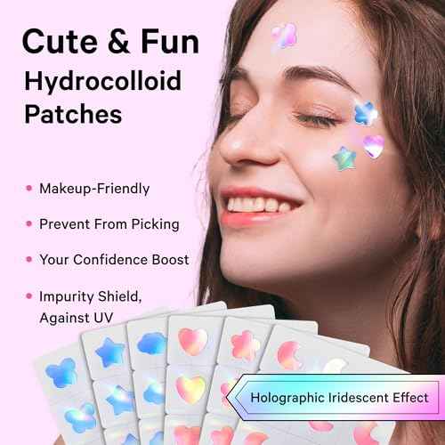 Sosky Hologram Pimple Patches for Face, Hydrocolloid Acne Patches with Salicylic Acid, Cute Star Zit Stickers,Colorful Blemish Covers,48 Count Pink Flower