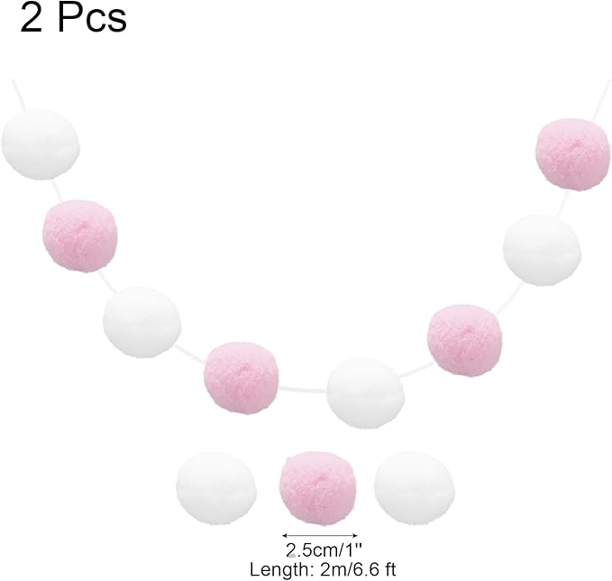 uxcell 2pcs Pom Pom Garland 6.6 Ft 30 Balls Colorful Felt Ball Garland for Wall Christmas Tree Decor Birthday Banner Easter Party Decorations, Pink, White