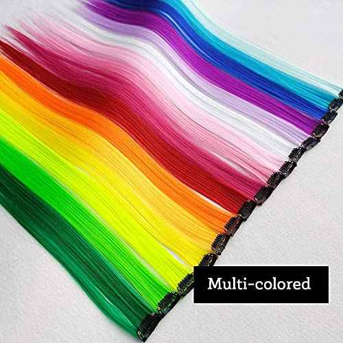 32Packs Colored Hair Extensions 20Inch Straight Color Clip in on Hair Extension Rainbow Party Highlights Synthetic Hairpiece for Girls (16 colors)
