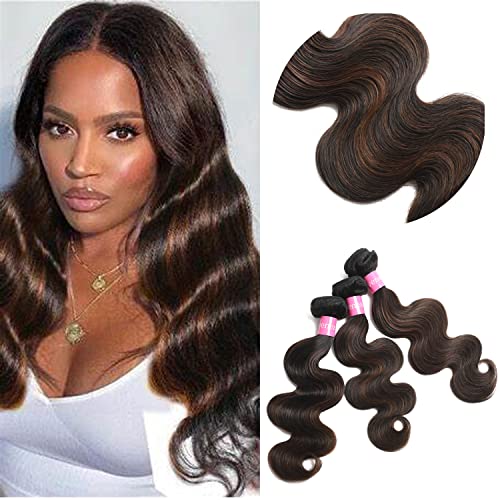 Highlight Brown Body Wave Virgin Hair 3 Bundles 10 12 14 Inch 10A Brazilian Human Hair Extensions Ombre Color Body Wavy Human Hair Weave Bundles (FB30, 10 12 14)