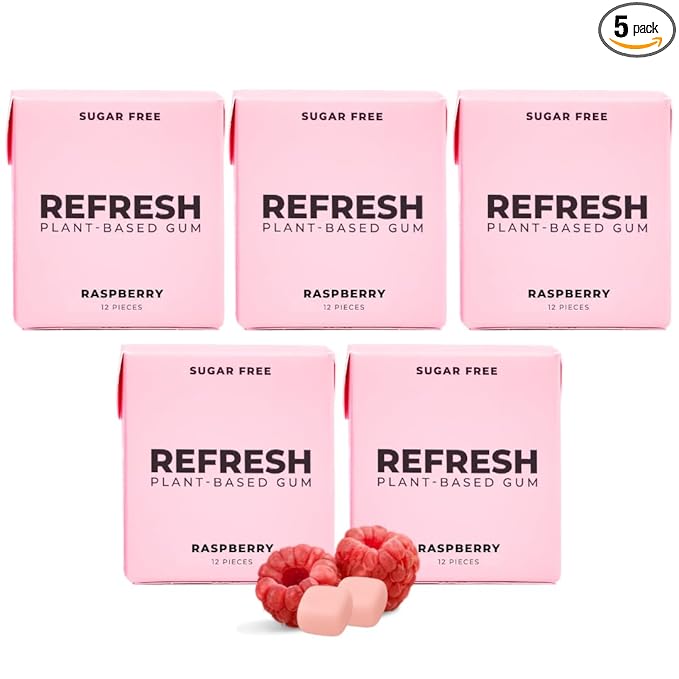 Refresh Gum, Xylitol, Natural, Sugar Free, Chewing Gum, Plastic Free, Natural Flavors & Organic Ingredients, Non GMO, Gluten Free, Vegan, 12 Count (Pack of 5), Raspberry