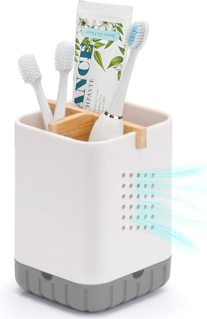 Boperzi Toothbrush and Toothpaste Holder with Bamboo Divider for Bathroom Countertop Organizer, Plastic Detachable Anti-Slip Large Electric Toothbrush Holders Storage Caddy Drainage for Family, Kids