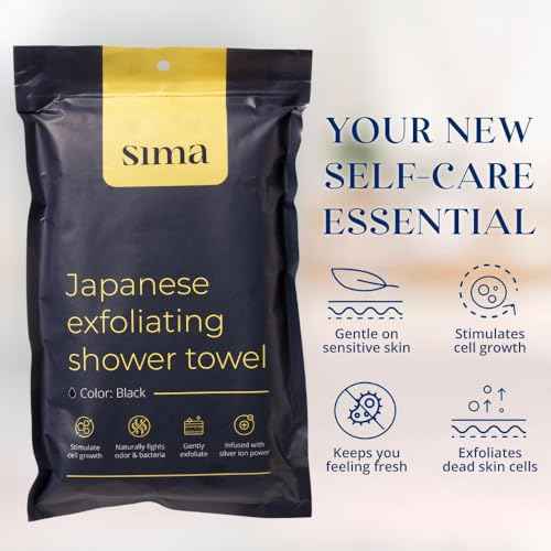 Exfoliating Washcloth Face & Body Scrub Towel - Japanese Exfoliating Towel with Hexagon Fibers, Body Scrubber with 2 Sides for Scrubbing & Washing, Extra Long Body Towel (Black)