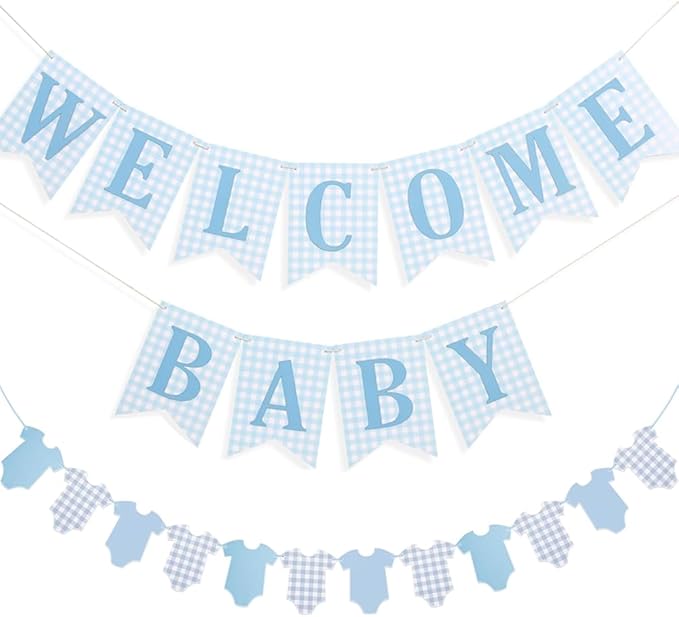 Baby Boy Baby Shower Banner, 2 PCS Pre-strung Blue Gingham Welcome Baby and Body Cloth Banner for Baby Boy Shower Party Decoration (welcome baby-bodysuits)