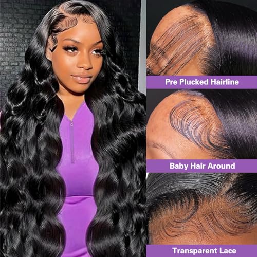 Body Wave Lace Front Wigs Human Hair Pre Plucked 180% Density 13x6 HD Transparent Frontal Wigs Human Hair for Women Natural Black Color 24 Inch