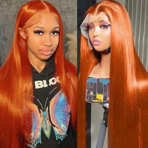 20 Inch Ginger Orange Lace Front Wigs Human Hair Pre Bleached 200% Density 13x6 HD Straight Lace Front Wigs Pre Plucked with baby Hair