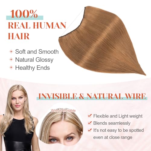 Benehair Miracle Wire Extension for Women Real Human Hair Hairpieces with Invisible Secret Fish Line Adjustable Wire Replacement Light Brown Hair Extension 20inch for Thinning Hair #6