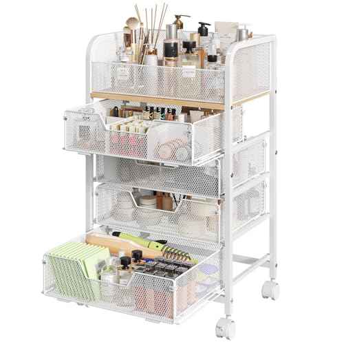 Makeup Cart Organizer with 4 Drawers, Large Floor Skincare Organizers, Vanity Storage Organizer Cosmetics Display Cases for Skin Care Perfume Nail Polish, White (Patent Pending)