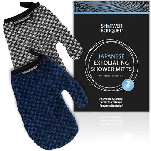 Japanese Exfoliating Mitt 2-Pack - Charcoal & Silver Ion Exfoliating Gloves for Shower - Soft Inner Fabric Gentle Exfoliation & Deep Cleansing Body Scrub Gloves for All Skin Types - 1 White, 1 Blue