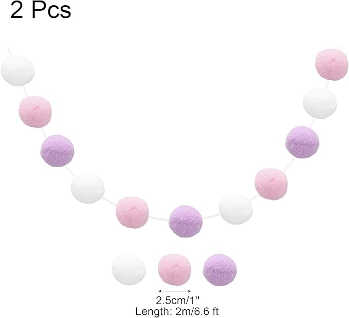 uxcell 2pcs Pom Pom Garland 6.6 Ft 30 Balls Colorful Felt Ball Garland for Wall Christmas Tree Decor Birthday Banner Easter Party Decorations, White, Pink, Purple