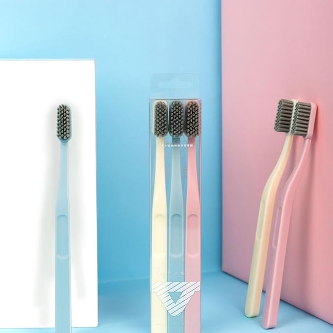 9 Pcs Adult Hard Hair Nylon Toothbrushes with Curved Handles for Teeth Cleaning Oral Care Tools in Pink Sky-Blue and Beige Colors