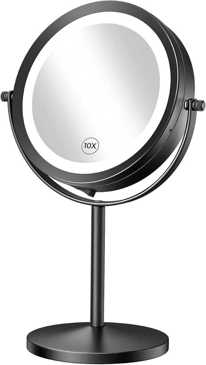 Gospire 7" Lighted Makeup Mirror with Magnification 10X/1X Double Sided, Round Magnifying LED Vanity Standing Cosmetic Shaving Mirror with Battery Operated, Cordless Portable for Bathroom Bedroom