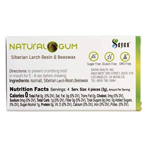 Sayan Sugar Free All Natural Gum, Siberian Larch Tree Resin and Beeswax Chewing Gum for Fresh Breath, Vegetarian, Non-GMO, No Sugar, Gluten Free, Aspartame Free, No Preservatives - 5 Packs (80 Pieces)