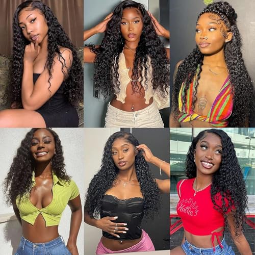 Human Hair Bundles Deep Wave 18 20 22 24 Inch Curly Bundle Human Hair 100% Unprocessed Brazilian Virgin Hair 4 Bundles for Women Wet and Wavy Hair Bundle Weave Extensions Natural Black