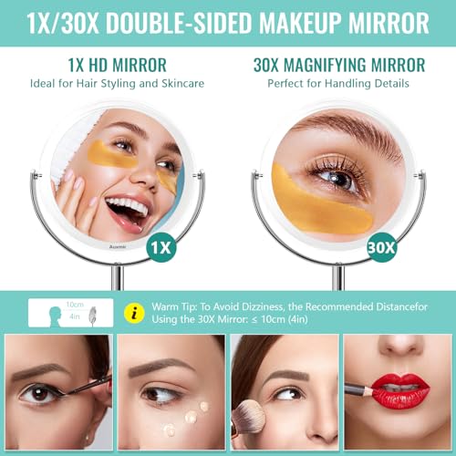Auxmir 1X/ 30X Magnifying Mirror, Makeup Mirror with Tweezer, 6.8'' Double Sided Round Vanity Tabletop Mirror, 360¡Æ Rotation Portable for Dressing Table Desk Bathroom Bedroom Travel, Clear