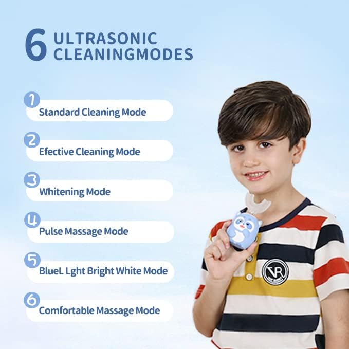 Kids Electric U Shaped Toothbrush Children Rechargeable Sonic Toothbrush with 4 Brush Heads Full Mouth 6 Cleaning Modes - (Age 2-7, Blue)