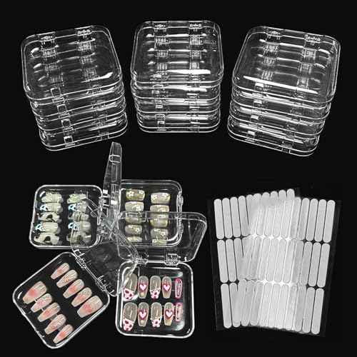 12pcs Press on Nail Storage Box with 60 Pcs Adhesive Double Sided Tape Acrylic Nail Display Box Artificial False Nail Box Organizer Fake Nail Case Transparent Nail Packaging Boxes for Nail Salon