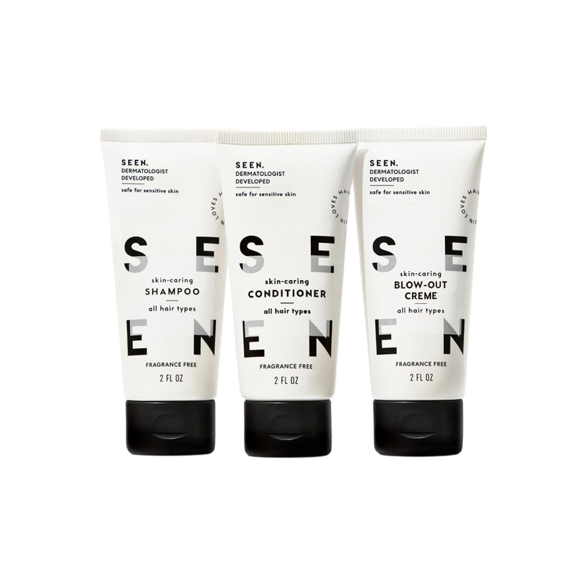 SEEN Travel Trio, Fragrance Free - Non-Comedogenic Blow-Out Hair Cream, Shampoo & Conditioner Set - Dermatologist-Developed- Reduces Frizz- Heat Protectant- Safe for Sensitive & Acne-Prone Skin