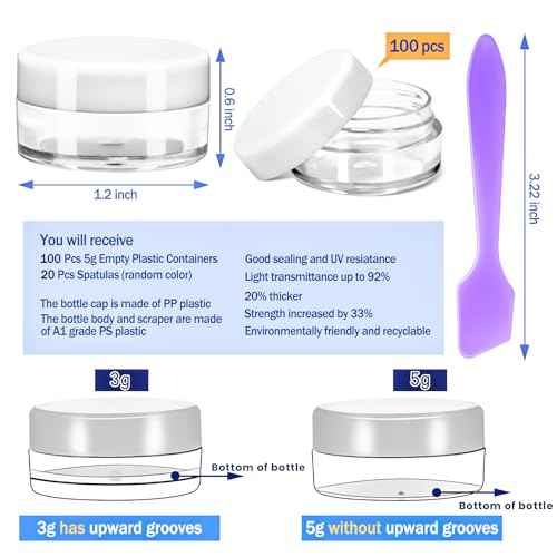 MotBach 100 Pack 5g Plastic Jars with Lids, 5ml Round Clear Cosmetic Containers Makeup Jars, 5gram Travel Size Container Jar with Spatulas for Makeup Sample Lotion Cream Ointment Salve Balm Powder