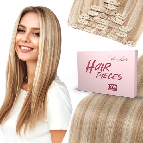 Benehair Clip in Hair Extensions Real Human Hair 22inch Double Weft Golden Brown Mixed Bleach Blonde Hair Extensions Clip in Human Hair Lace Weft Straight Hair Extensions Clip ins 7pcs 130g #12P613