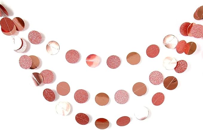 JEYE Glitter Rose Gold Circle Dots Party Garland Decoration Metallic Paper Hanging Streamer Bunting Banner Backdrop Decor for Birthday Wedding New Year(Pack of 2, 26 Feet in Total)