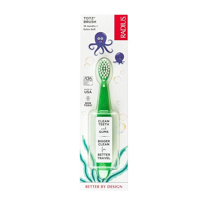 RADIUS Totz Toothbrush Extra Soft Brush BPA Free & ADA Accepted Designed for Delicate Teeth & Gums for Children 18 Months & Up - Green Sparkle - Pack of 1