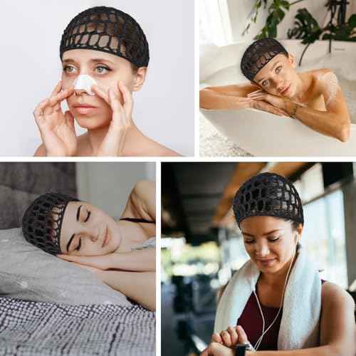 2 PCS Shower Caps Hair Nets for Sleeping,Crochet Mesh Wrap Caps for Silk Press, Curly Hair & Wig Protection,Soft Reusable Bonnets for Women, Lift Strap Weaving Sew For Women Ballet,Black
