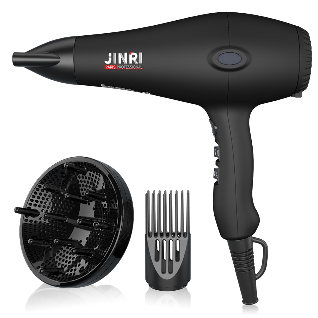 JINRI Hair Dryer, 1875W, 3 Heat & 2 Speed, with Diffuser, with Concentrator, Detachable Air Intake, Ionic Technology & Infrared - Black, Hanging Strap, Non-Foldable JR-108