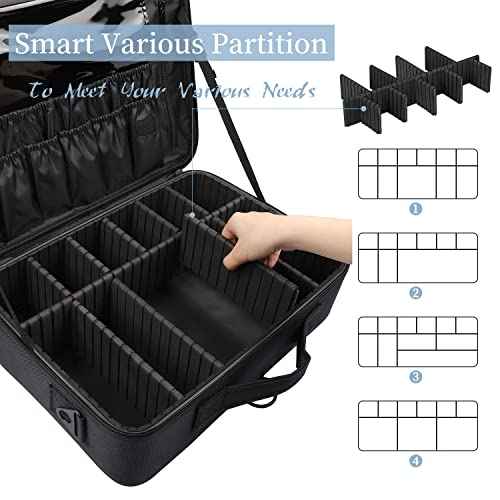 gzcz Large Capacity Travel Makeup Train Case,Professional Cosmetic Bags for Women,Portable Makeup Brush Bag Organizer Storage with Adjustable Dividers and Shoulder Strap