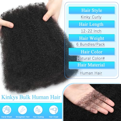 Afro Kinkys Bulk Human Hair 16 Inch Afro Kinky-Curly Human Hair Bulk for Twist Dreadlock Extensions Locs Repair Soft 4C Curly for Braids 6 Bundles 105 Gram Natural Color#