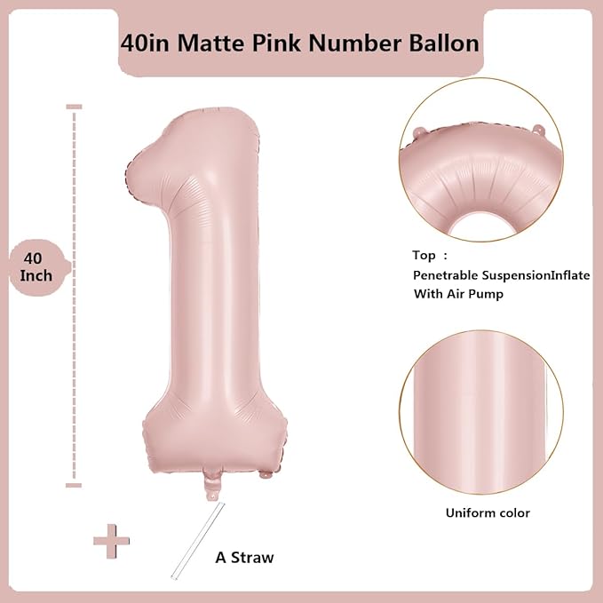 40 inch Pink Number Balloon Light Pink 1 Balloon Number 1 Balloon for 1st Birthday Party Decorations