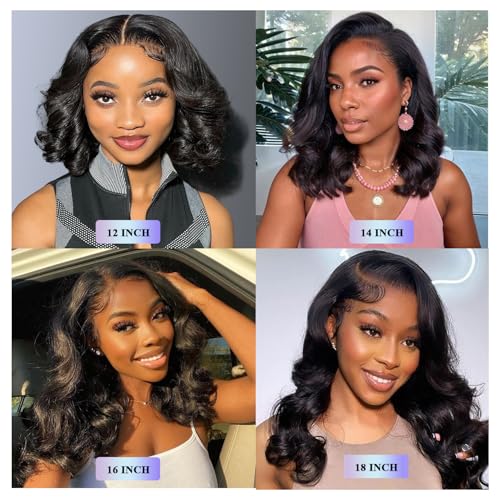 13X6 16inch 230%Density Natural Black Bob Wig Human Hair, Body Wave Wig Human Hair, Short Bob Lace Front Wigs Human Hair, Bob Wigs For Black Women, Pre Plucked With Baby Hair HD Transparent Lace