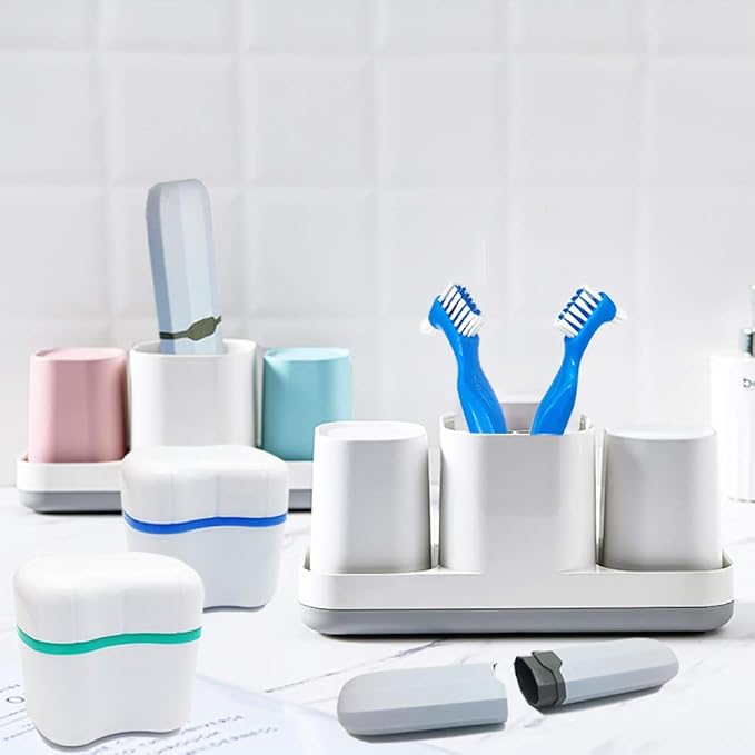 Denture Case Kit - 2 Bath Cups, 2 Brushes & 2 Portable Toothbrush Boxes, Retainer Bath With Lid, Cleaning Boxes, Travel Toothbrush Kit