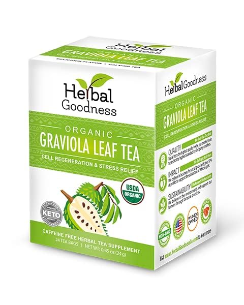 Graviola Leaf Soursop Tea - Organic Soursop Leaves | Hoja de Guanabana Leaves | Cell Support & Regeneration, Calm Relaxation - Caffeine Free - 24 Tea Bags - Herbal Goodness