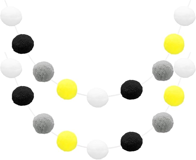 uxcell 2pcs Pom Pom Garland 6.6 Ft 30 Balls Colorful Felt Ball Garland for Wall Christmas Tree Decor Birthday Banner Easter Party Decorations, White, Black, Grey, Yellow