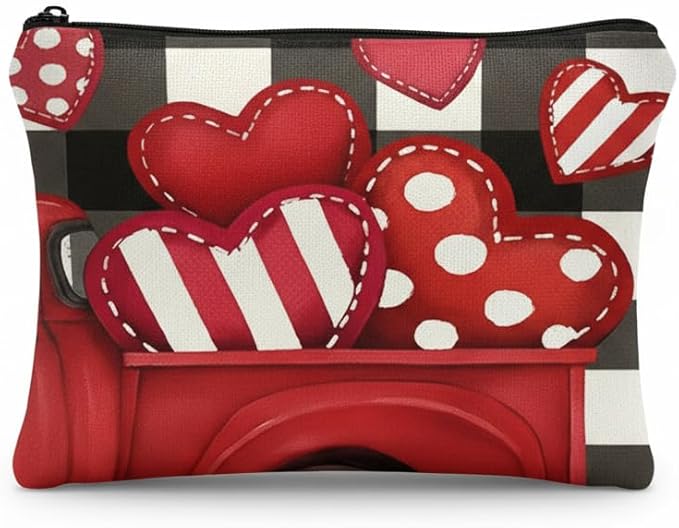 Valentine's Day Small Makeup Bag for Women Girls with Red Hearts designs Cosmetic Bag Full Cover Pretty Student Accessories Toiletry Bags Travel Pouch with Zipper for Women Friends Valentines Gift