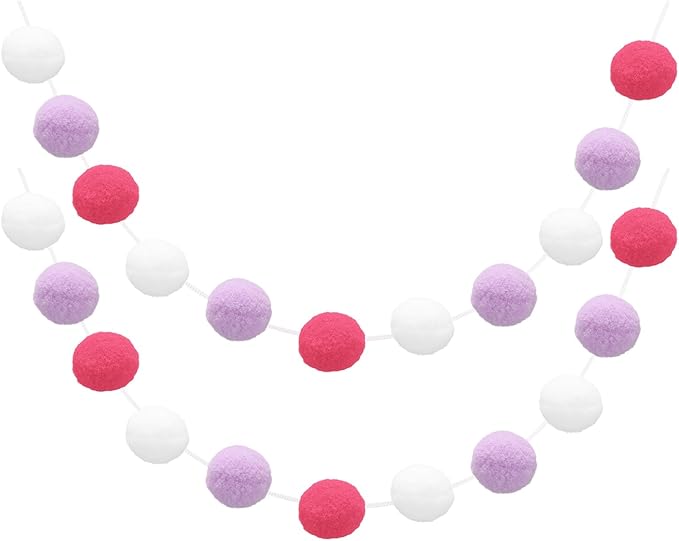 uxcell 2pcs Pom Pom Garland 6.6 Ft 30 Balls Colorful Felt Ball Garland for Wall Christmas Tree Decor Birthday Banner Easter Party Decorations, White, Light Purple, Rose Red