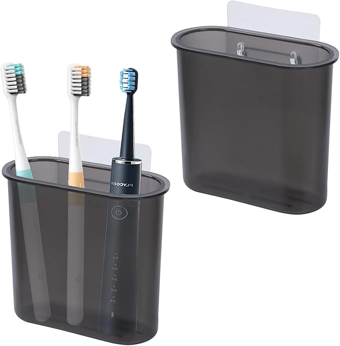 2 Packs Wall Mounted Toothbrush Holder, Self Adhesive Tooth Brush Holder for Bathroom Electric Toothbrush Toothpaste Razor Bathroom Accessories(Black)