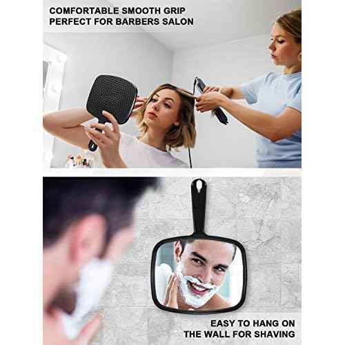 Hand Mirror, Barber Hairdressing Handheld Mirror with Handle for Salon, Square, Black, Medium