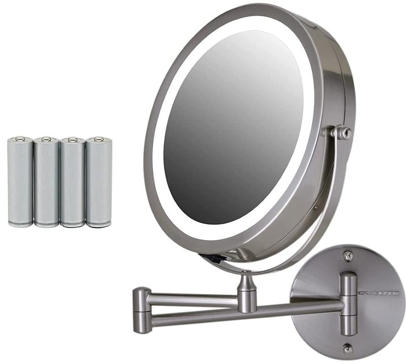 OVENTE Wall Mounted Lighted Makeup Mirror, 9" Double Sided 1X/7X Magnifying Vanity Mirror for Bathroom with LED Lights, Cordless, 360° Rotation and 13" Extendable Arm, Nickel Brushed MFW85BR1X7X