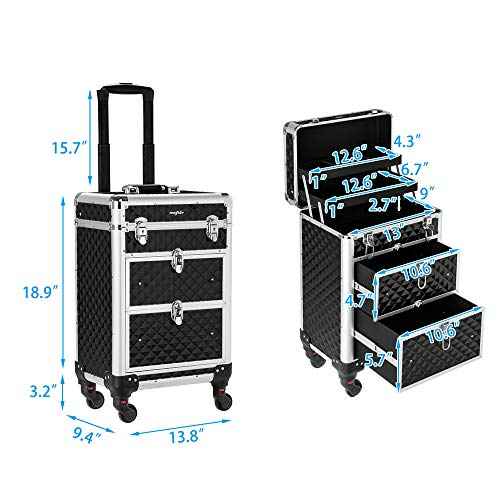 mefeir Aluminum Rolling Makeup Train Case, Portable Makeup Organizer Suitcase, Cosmetic Storage Box, Travel Beauty Luggage Trolley Lockable w/4 Removable Wheels & 2 Sliding Drawers (Black)