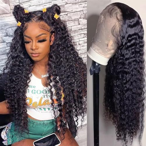 Deep Wave Lace Front Wigs Human Hair 13x6 HD Lace Frontal Wigs Human Hair Pre Plucked 200 Density Deep Curly Glueless Wigs Human Hair For Women Natural Black 20 Inch